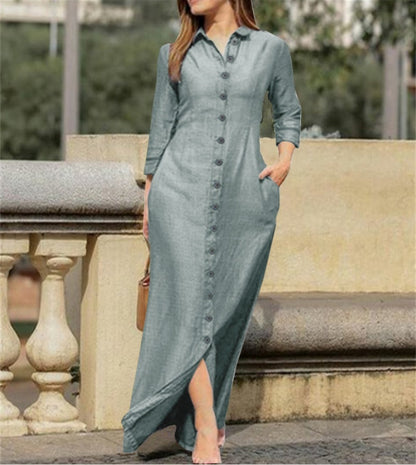 Women's Elegant Fashion Unisex Style Long Sleeve Lapel Cardigan Solid Color Long Cotton Linen Dress