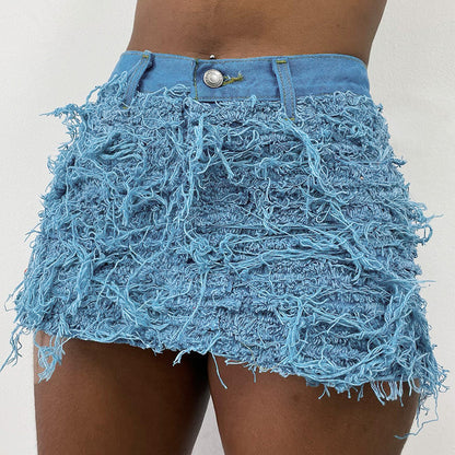 Tassel Tight Elastic-free Denim Skirt