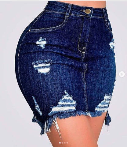 High elastic ripped denim skirt