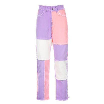 Stitching contrast distressed high-waist pencil pants