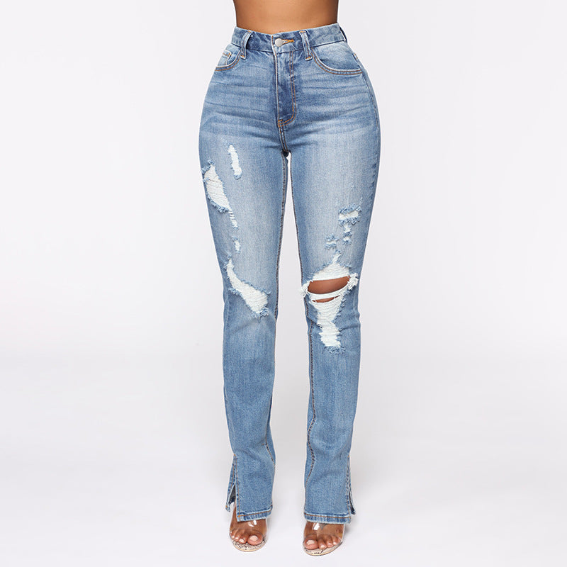 Split Jeans Women's, Blue Water Washed Hole High Waist