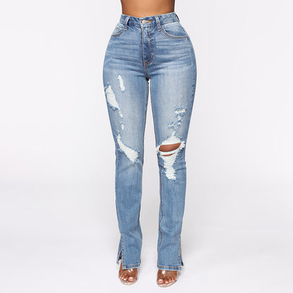 Split Jeans Women's, Blue Water Washed Hole High Waist