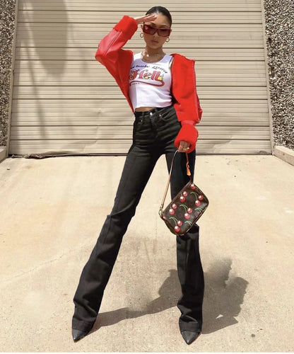 Retro High Waist Bootcut Pants Back Waist Hollow-out Middle Seam Design