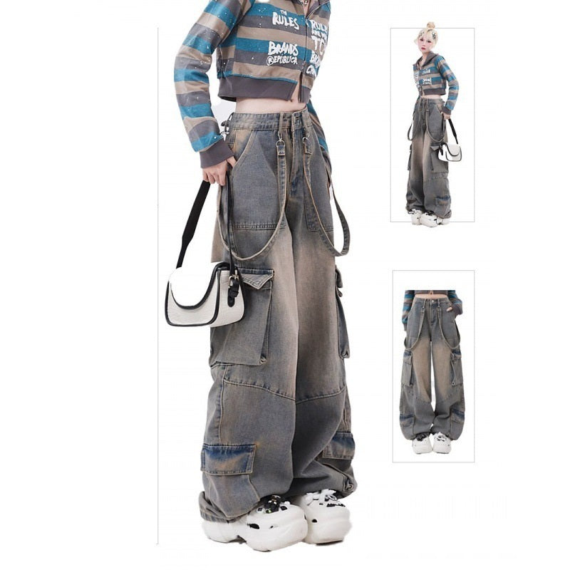 Retro Workwear Distressed Pocket Design Straight Mopping Pants