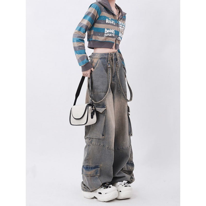 Retro Workwear Distressed Pocket Design Straight Mopping Pants