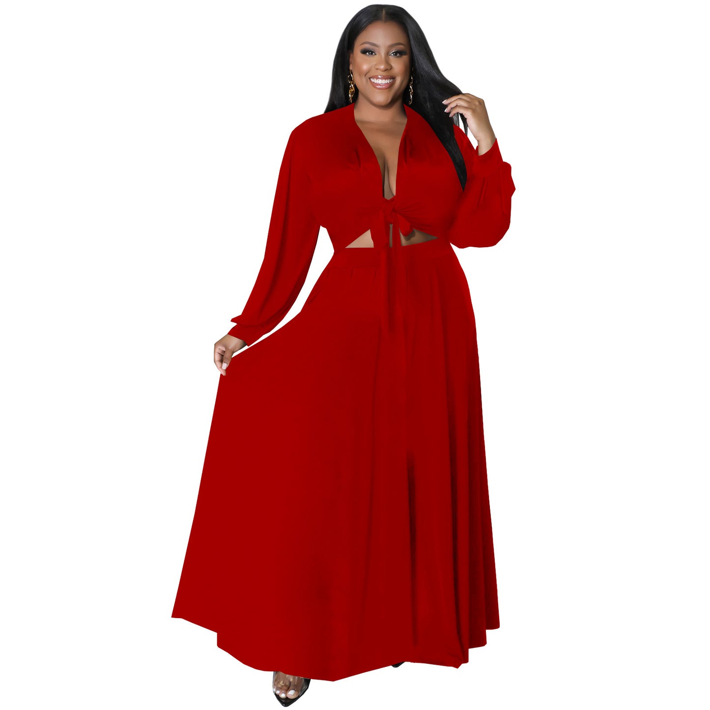 Women's Solid Color Tied Long Sleeves Swing Skirt Suit