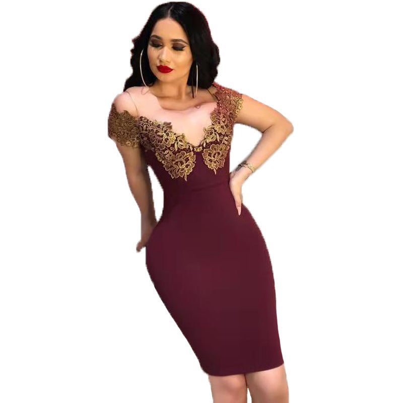 Lace bronzed deep V-collar sexy dress