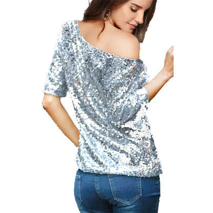 Half Sleeve T-shirt Pure Color Sequins Oblique Shoulder Half-sleeved Shirt