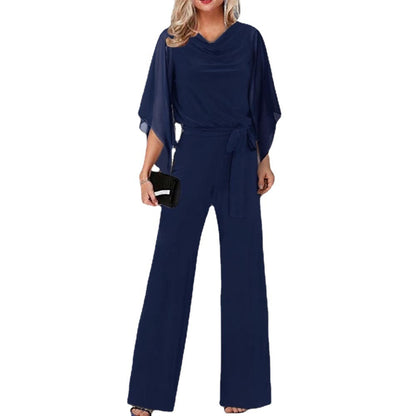 Fashion Solid Color High Waist Lace Up Casual Jumpsuit Straight-leg Pants Women