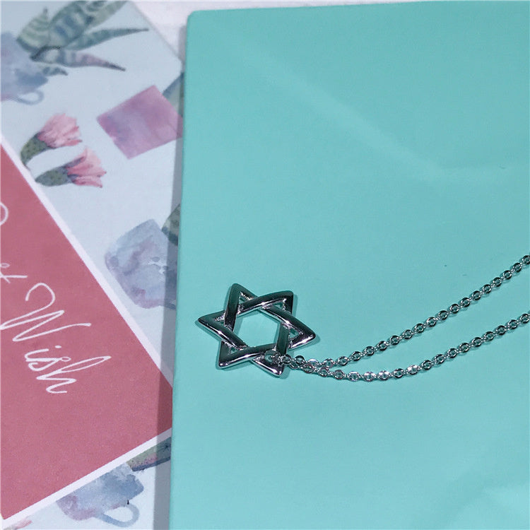 S925 Sterling Silver Hollow Hexagram Necklace Simple Scenery Surface