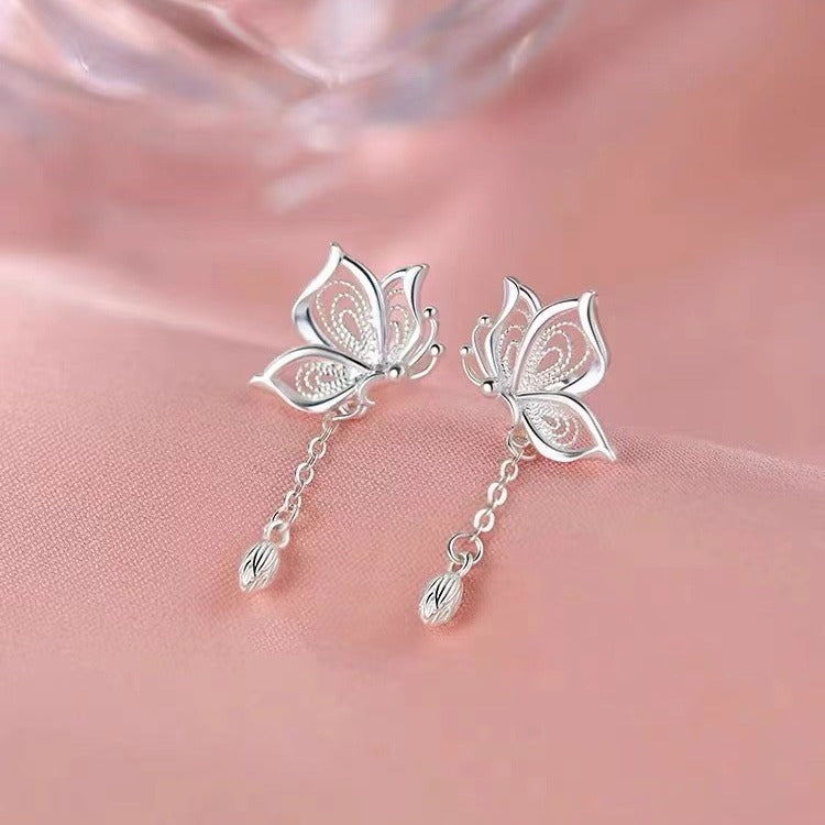 Silver Pin Earrings Sweet Tassel Butterfly Studs Women