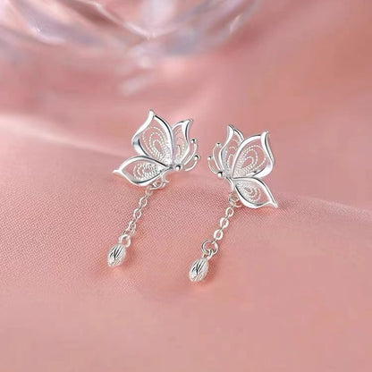 Silver Pin Earrings Sweet Tassel Butterfly Studs Women