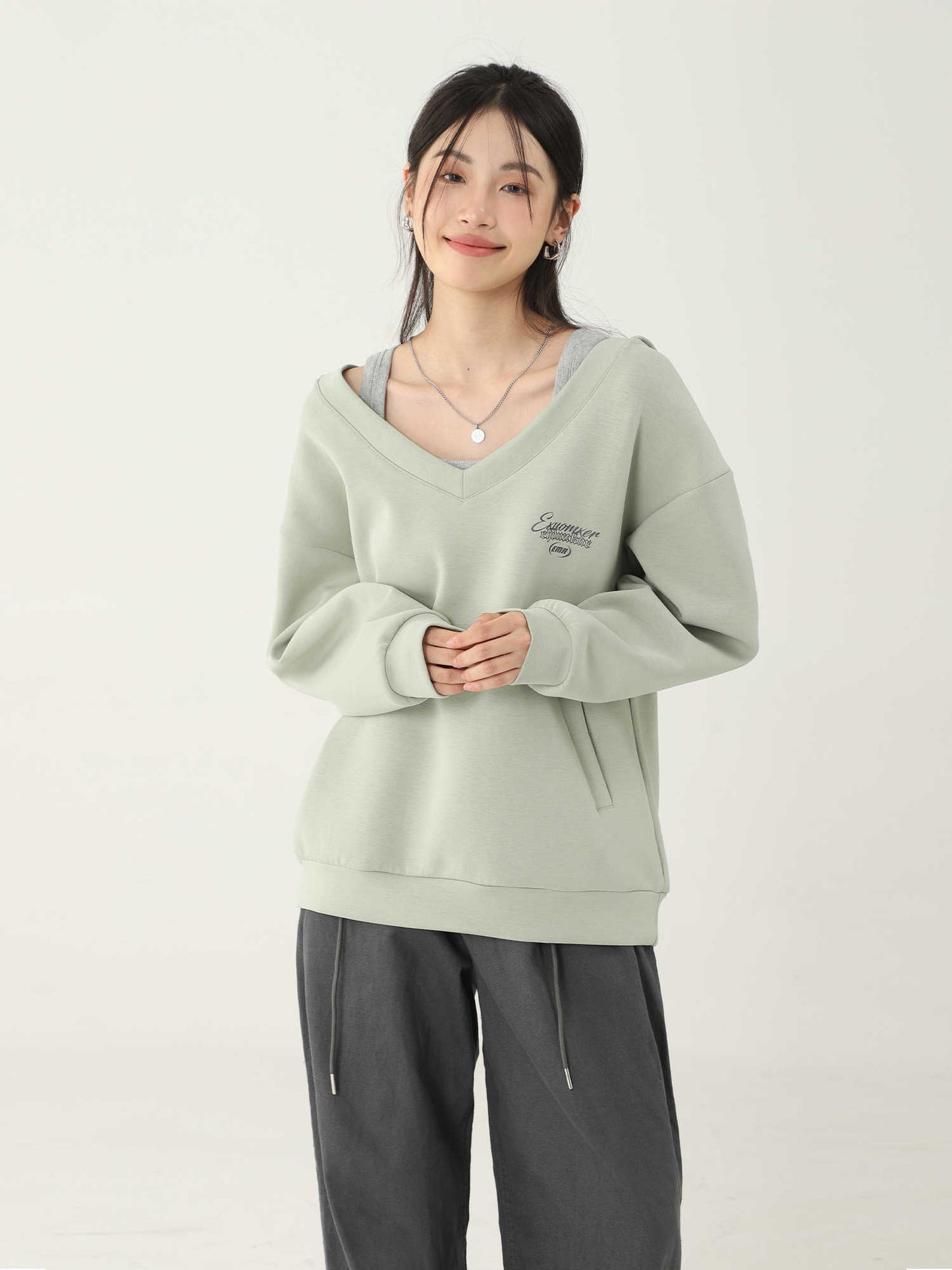 Women's V-neck Hoodie Solid Color Casual Long Sleeves Hoodie