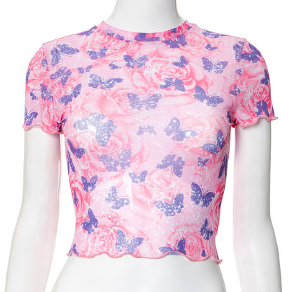 Butterfly Print Round Neck Midriff-baring T-shirt