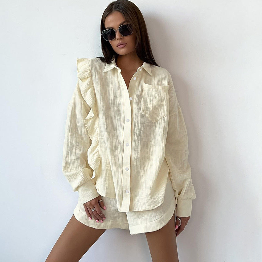 Solid Color Pure Cotton Ruffles Long Sleeve Shorts Suit