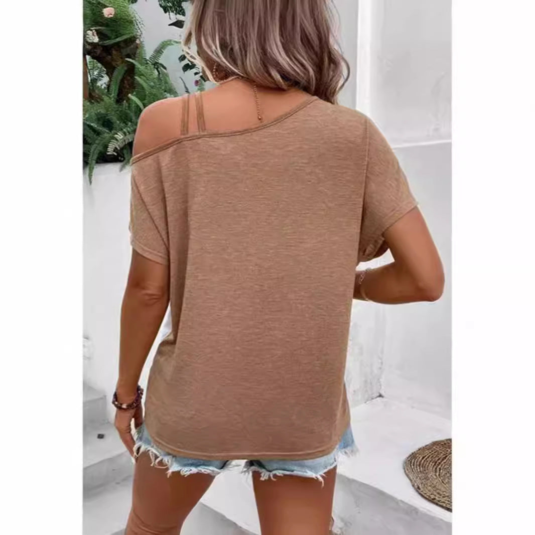 Two-color Color Cotton Stitching Women's Shoulder Strap T-shirt Cross Short Sleeve Top