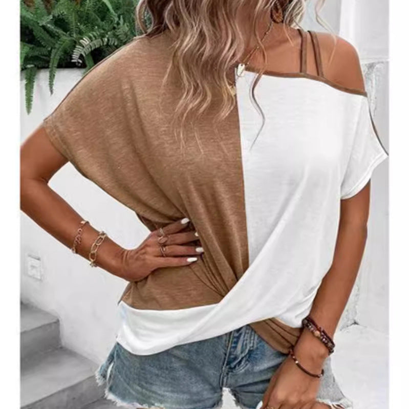 Two-color Color Cotton Stitching Women's Shoulder Strap T-shirt Cross Short Sleeve Top