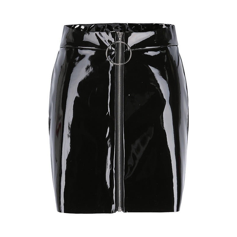 Ring Zipper Short Skirt Bright Leather PU Slim Skirt