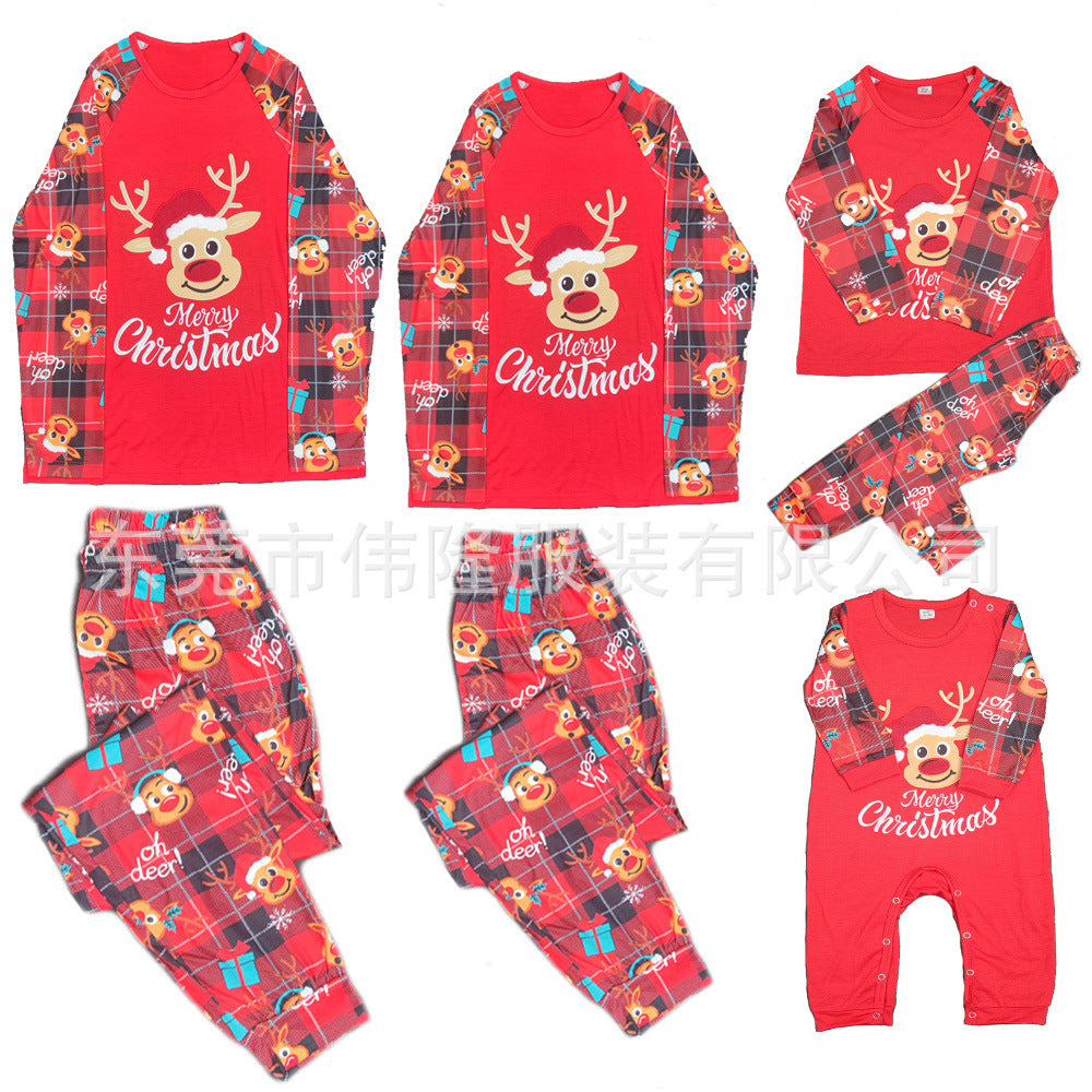 Long Sleeve Home Wear Printed Plaid Christmas Suit