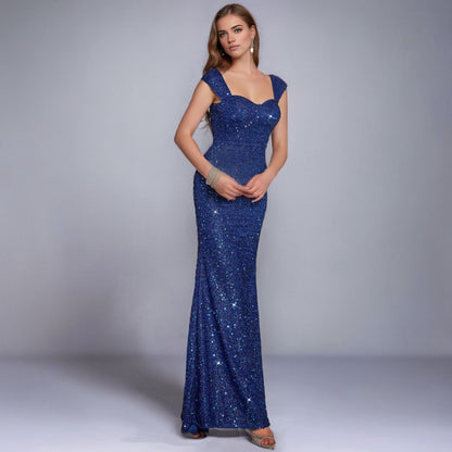 Solid Color And V-neck Sequin Sling High Waist Evening Dress