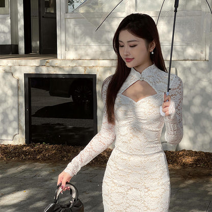 Socialite Style Gentle Lady Lace Long Dress Style Hollow Small Stand Collar