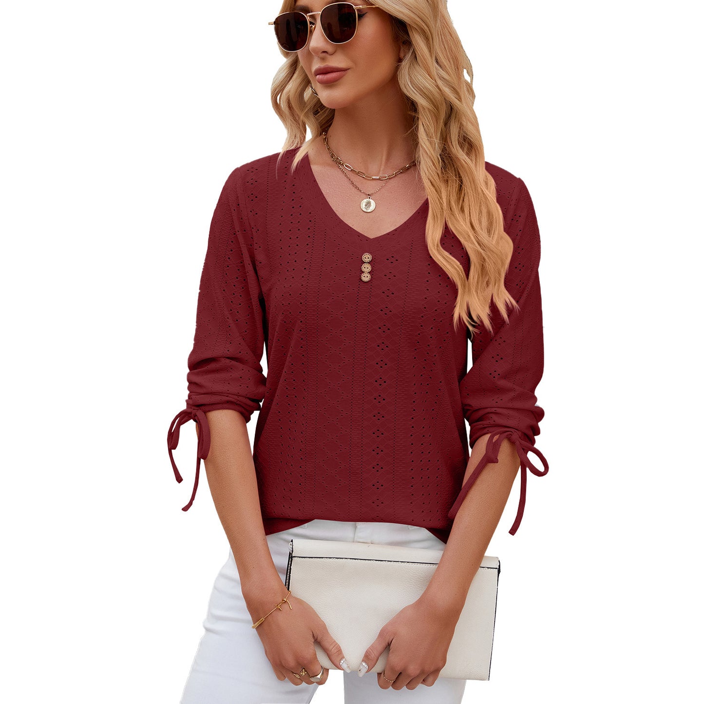 Button V-neck Solid Color Half Sleeves Loose-fitting T-shirt Top