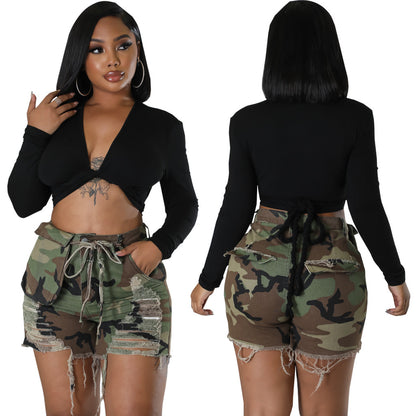 Fashion Stretch Camouflage Denim Shorts