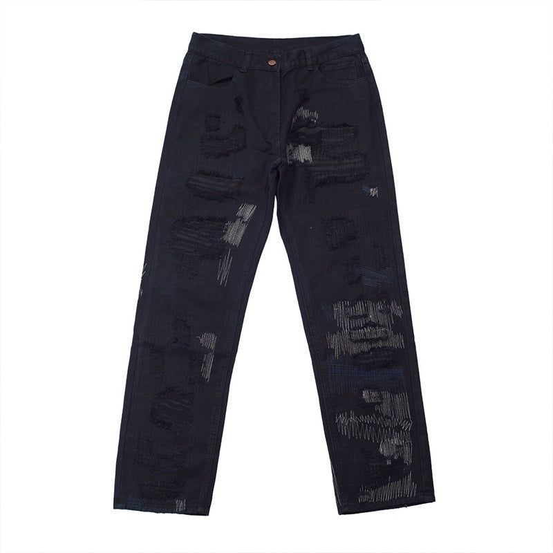 Ripped Personality Knife Cut Loose Straight Jeans