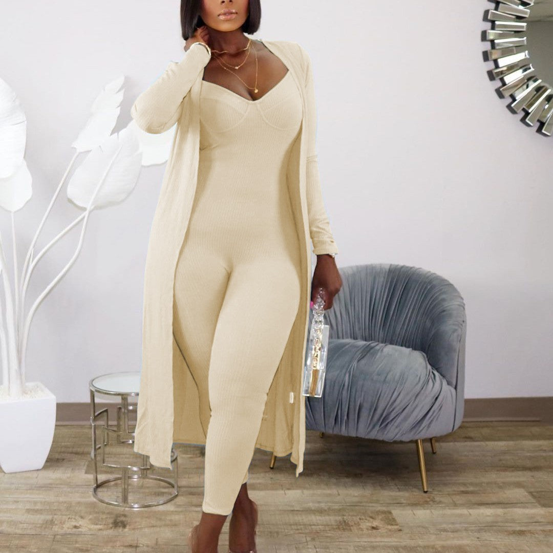 Casual Ribbed Long-sleeved Coat Slim Fit Bodysuit Two Suit