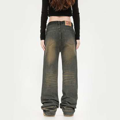 Retro Washed Ripped Jeans Straight American High Street Jeans