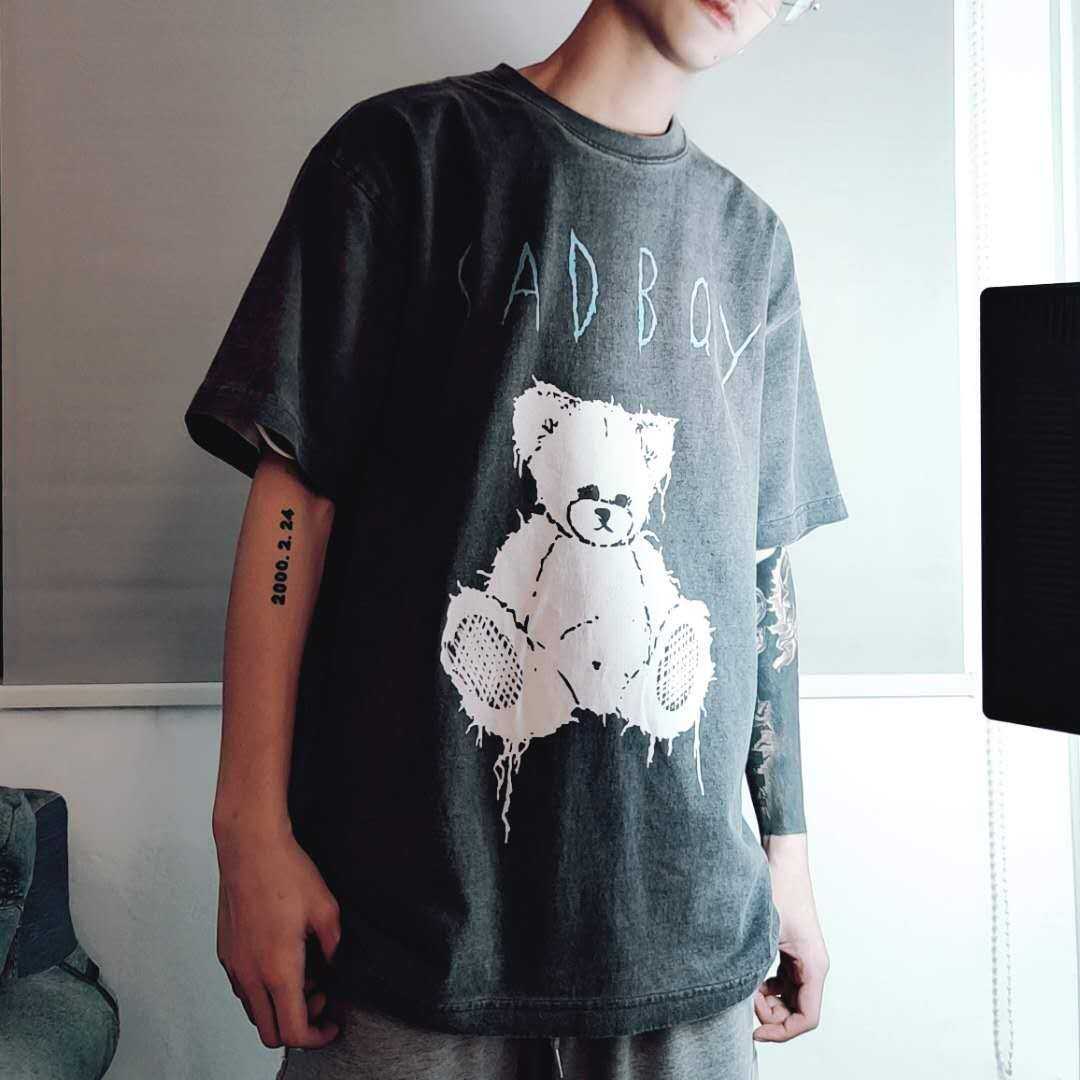 Distressed Teddy Bear Print Men's Short Sleeve