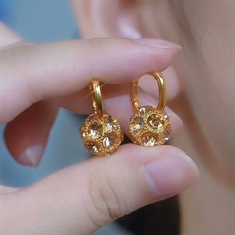 Fashion Brown Rhinestone Ball Earrings Female Niche