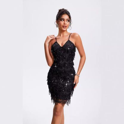 V-neck Sequins Tassel Sleeveless Sling Party Hot Drilling Dress