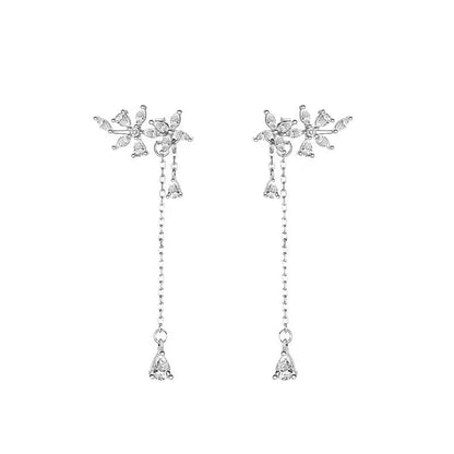 Sterling Silver Diamond Flower Long Women's Earrings