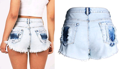 Ripped jeans women's high waist light color white worn off washed wool denim shorts