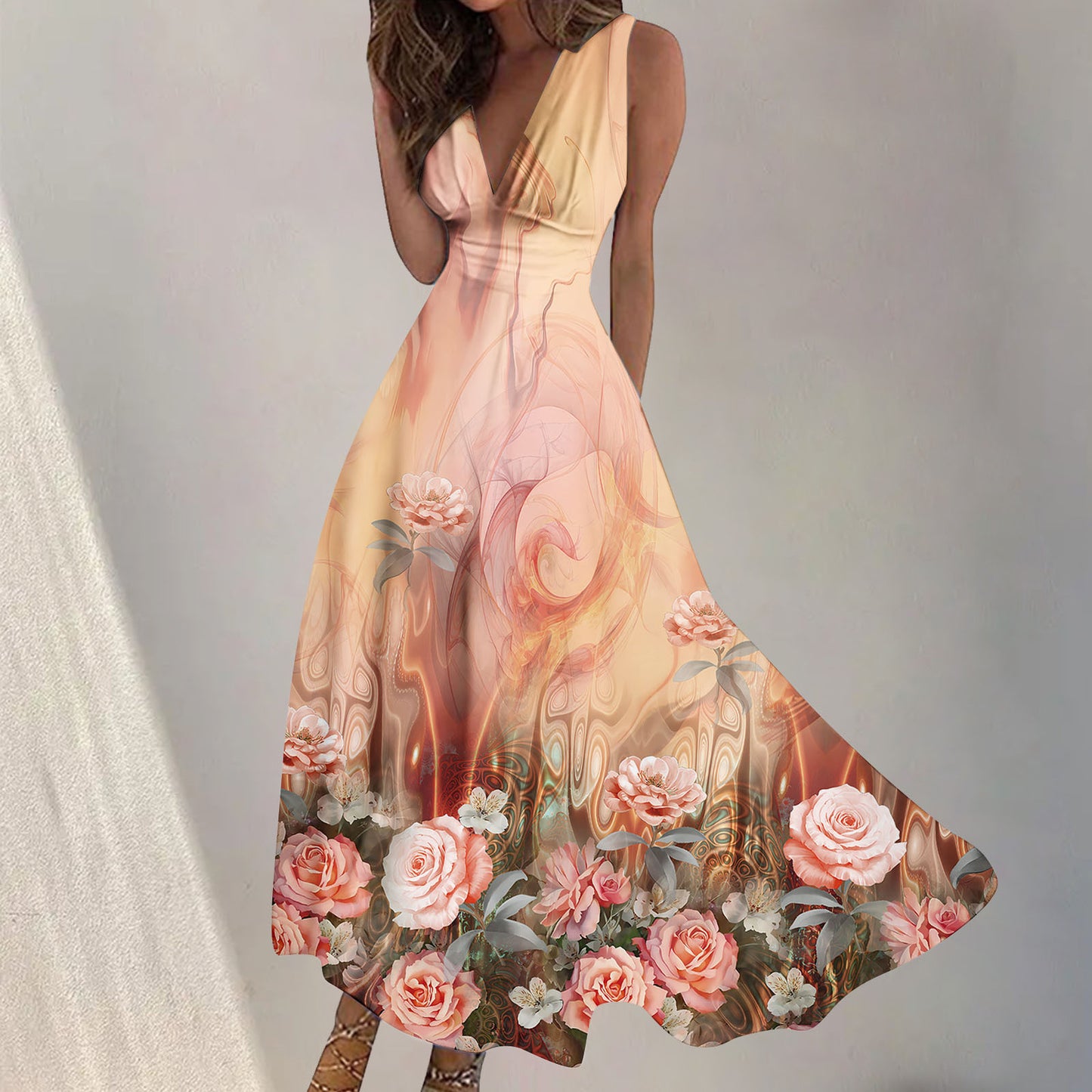 Women's Digital Printing Fashion V-neck Swing Long Dress