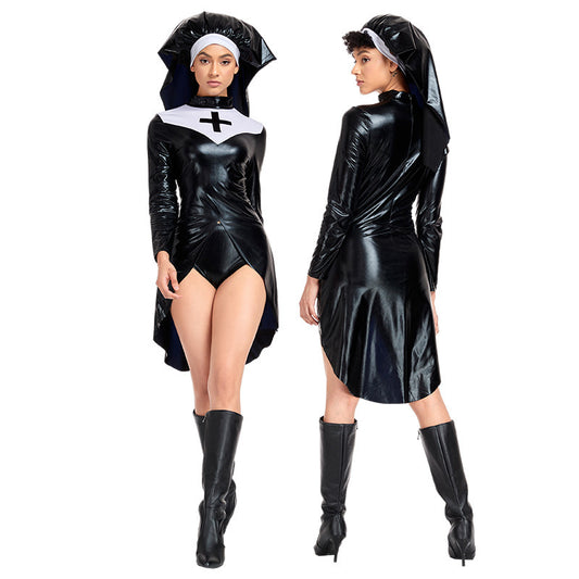 Cos Nun Costume Halloween PU Leather Punk Cross Suit