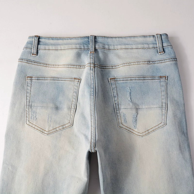 Baby Blue Wash Water Worn Patch Torn Jeans Male