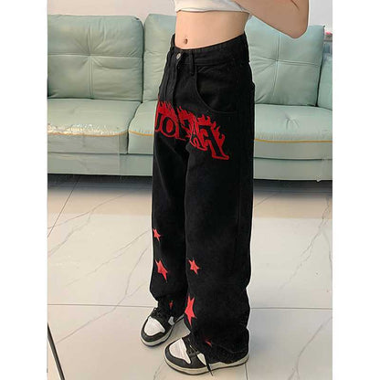 Red Star Letters Jeans For Women High Waist Casual Trousers