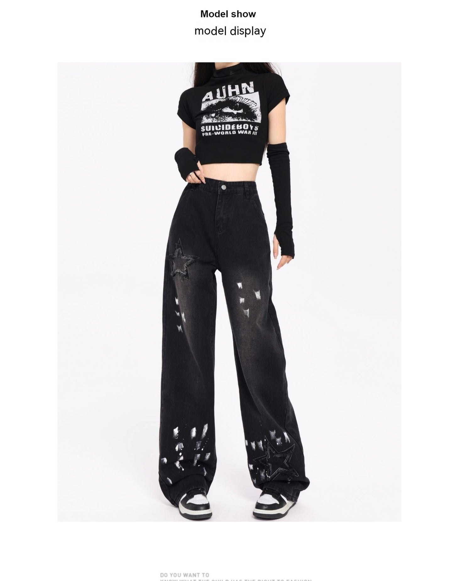 Embroidered Jeans Autumn And Winter New High Waist Splash-ink Wide Leg Straight Mop Pants