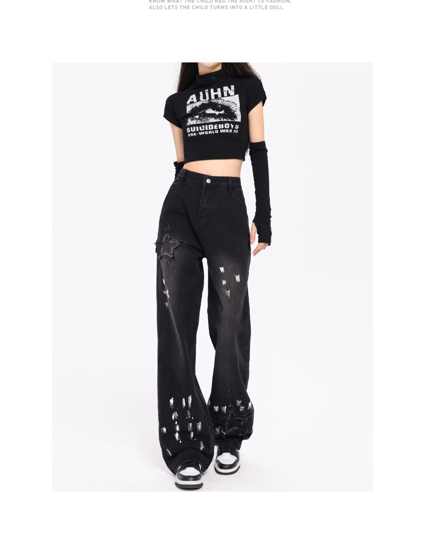 Embroidered Jeans Autumn And Winter New High Waist Splash-ink Wide Leg Straight Mop Pants