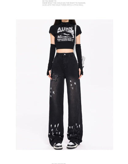 Embroidered Jeans Autumn And Winter New High Waist Splash-ink Wide Leg Straight Mop Pants