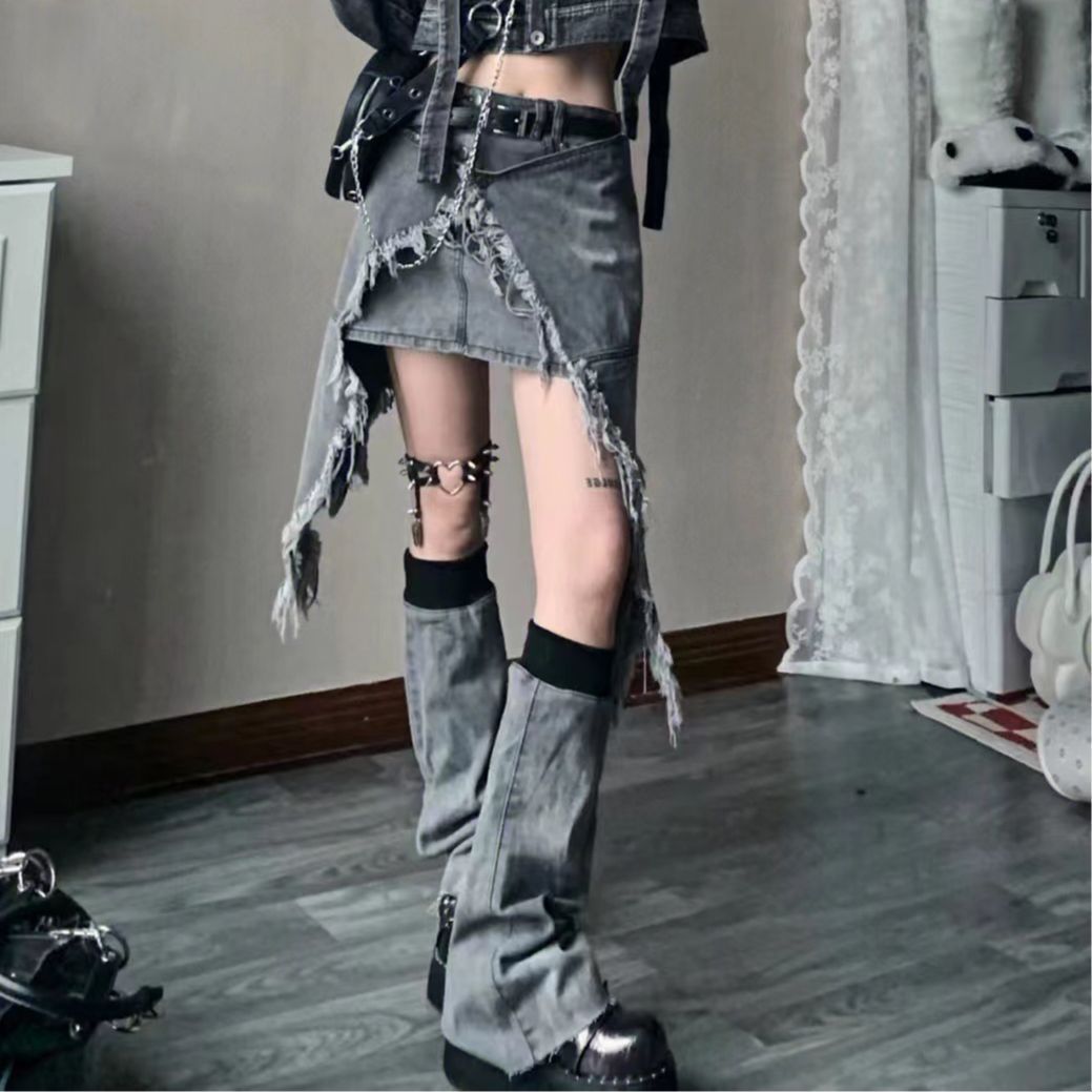 Hot Girl Denim Smoky Gray Irregular High Waist Skirt