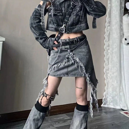 Hot Girl Denim Smoky Gray Irregular High Waist Skirt