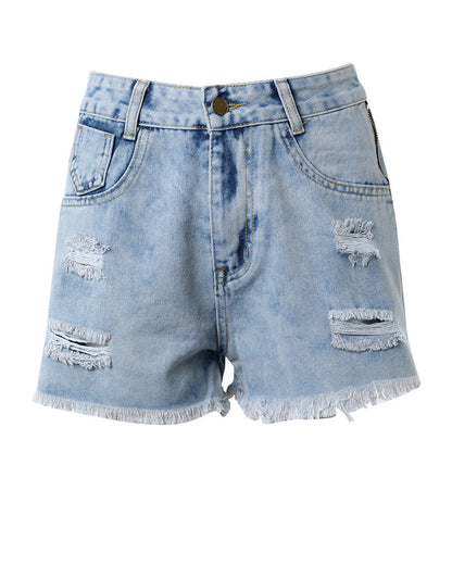 Light Blue Side Zipper Decorations Ripped High Waist Denim Shorts