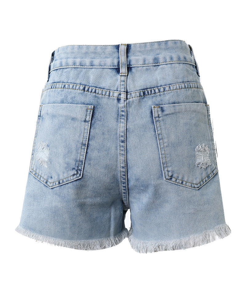 Light Blue Side Zipper Decorations Ripped High Waist Denim Shorts