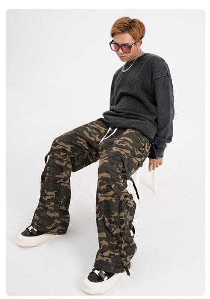 American Retro Elastic Waist Drawstring Camouflage Cargo Pants Couple Street Fashion Ribbon Straight