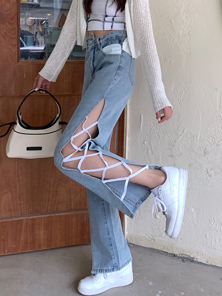 Side Slit Irregular High Waist Strappy Jeans