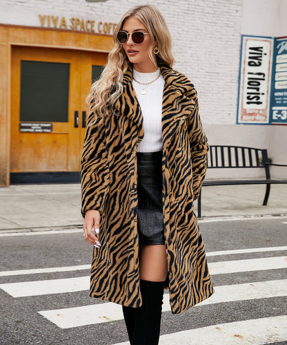 Fashion Leisure Suit Collar Artificial Leather Fur Coat Zebra Pattern Plush Long Coat Autumn And Winter