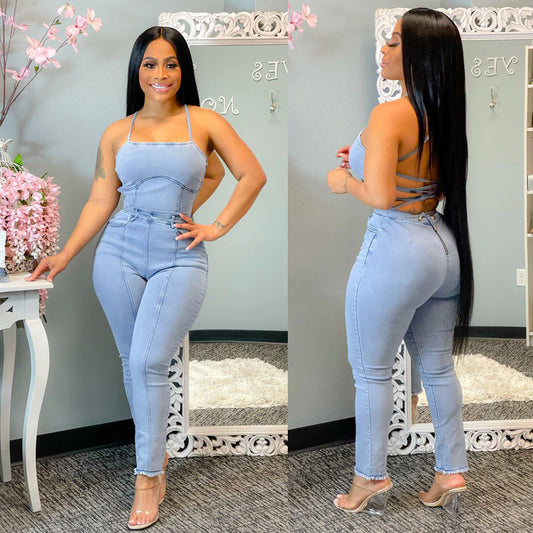 New Casual Slim Sexy Backless Bandage Suspenders Denim Jumpsuit